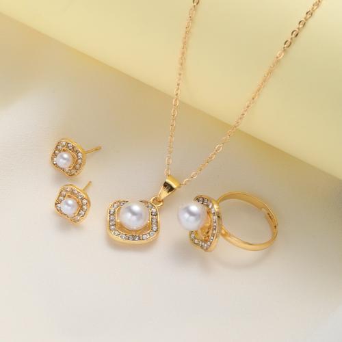 Tibetan Style Jewelry Sets, Stud Earring & finger ring & necklace, with Plastic Pearl, three pieces & for woman & with rhinestone, gold, Sold By Set