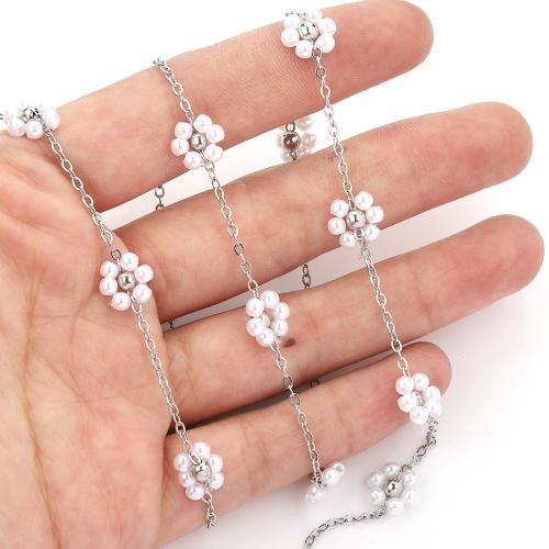 Stainless Steel Jewelry Chain, 304 Stainless Steel, with Plastic Pearl, plated, DIY, more colors for choice, Pearl flowers 9mm, spacing 2.3CM, 2m/Bag, Sold By Bag