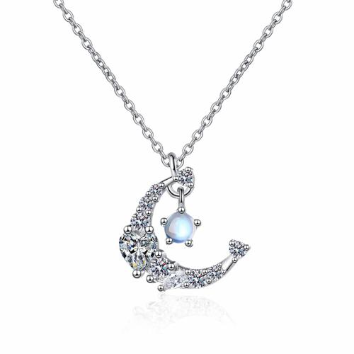 Cubic Zircon Micro Pave Brass Necklace, with Moonstone, plated, micro pave cubic zirconia & for woman, original color, Length:Approx 41-50 cm, Sold By PC
