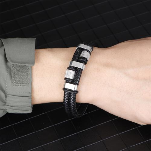 PU Leather Cord Bracelets Zinc Alloy with Magnet & PU Leather & 304 Stainless Steel silver color plated Double Layer & for man black nickel lead & cadmium free Length 21 cm Sold By PC
