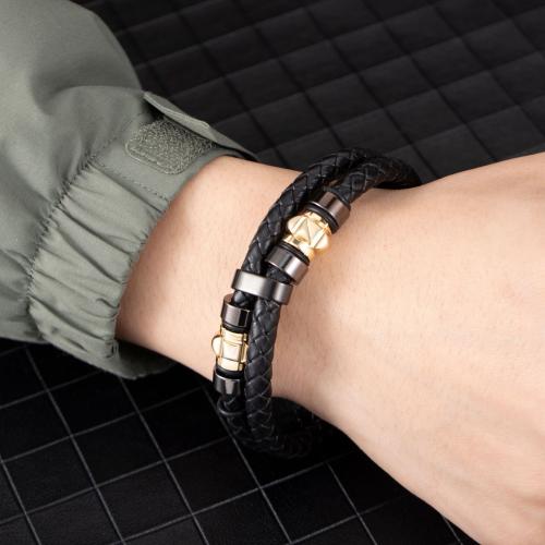Leather Cord Bracelet, 304 Stainless Steel, with Leather, Vacuum Ion Plating, Double Layer & for man, black, Length:21 cm, Sold By PC