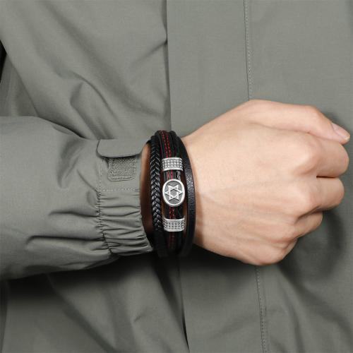 Bracelets cordon PU, Acier inoxydable 304, avec cuir PU, multicouche & pour homme, noire, Longueur:21 cm, Vendu par PC