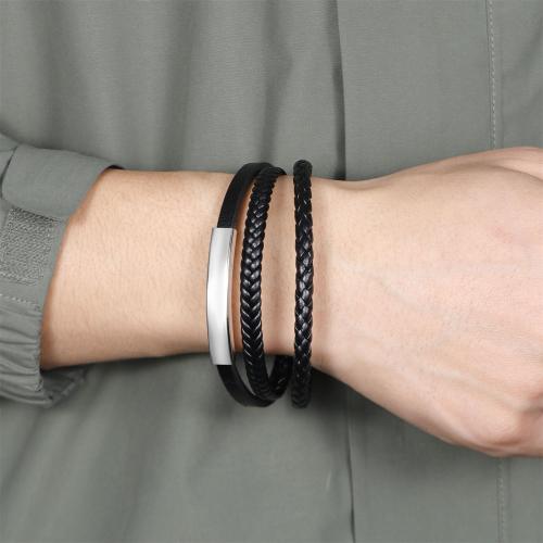 PU Leather Cord Bracelets Zinc Alloy with PU Leather & 304 Stainless Steel plated three layers & for man black nickel lead & cadmium free Length 21 cm Sold By PC