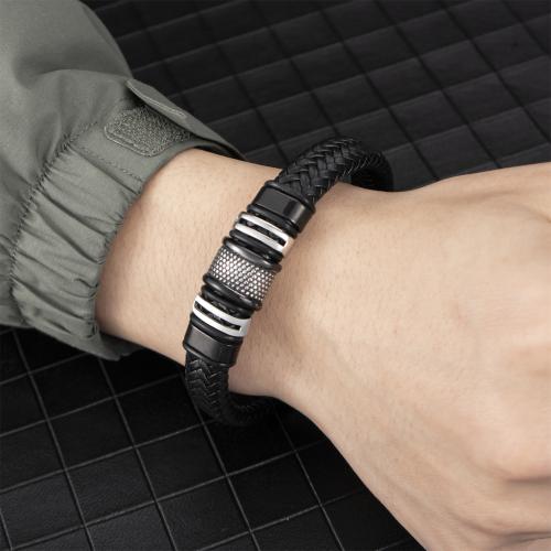 Bracelets cordon PU, Acier inoxydable 304, avec cuir PU, Placage, pour homme, noire, Longueur:21 cm, Vendu par PC