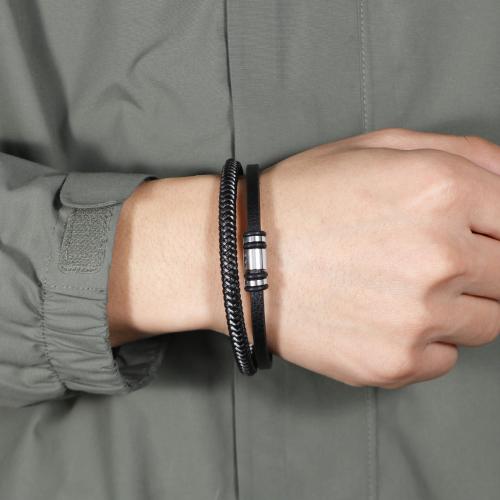PU Leather Cord Bracelets, 304 Stainless Steel, with PU Leather & Tiger Tail Wire & Tibetan Style, plated, Double Layer & for man, black, nickel, lead & cadmium free, Length:21 cm, Sold By PC