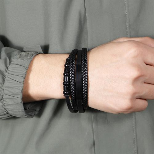 PU Leather Cord Bracelets, 304 Stainless Steel, with PU Leather & Tibetan Style, plated, multilayer & for man, black, nickel, lead & cadmium free, Length:21 cm, Sold By PC
