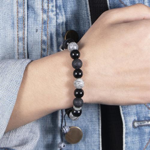 Gemstone Bracelets, Snowflake Obsidian, with Cotton Thread & Lava, plated, Adjustable & Unisex, black, Length:17-25 cm, Sold By PC