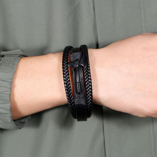 PU Leather Cord Bracelets, Tibetan Style, with PU Leather, plated, three layers & for man, black, nickel, lead & cadmium free, Length:21 cm, Sold By PC