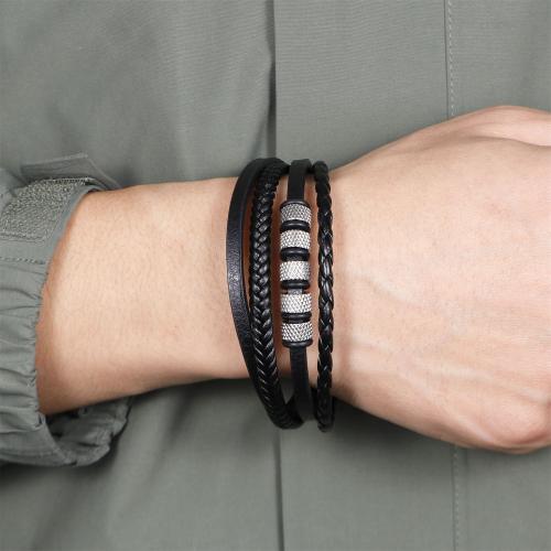 PU Leather Cord Bracelets, with 304 Stainless Steel & Tibetan Style, plated, multilayer & for man, more colors for choice, nickel, lead & cadmium free, Length:21 cm, Sold By PC