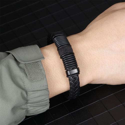 PU Schnur Armbänder, Zinklegierung, mit PU Leder, plattiert, für den Menschen, schwarz, frei von Nickel, Blei & Kadmium, Länge 21 cm, verkauft von PC
