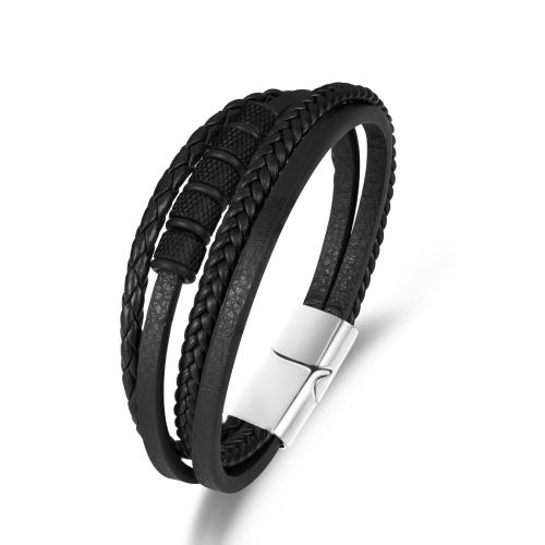 PU Leather Cord Bracelets, with 304 Stainless Steel & Tibetan Style, plated, multilayer & for man, black, nickel, lead & cadmium free, Length:21 cm, Sold By PC