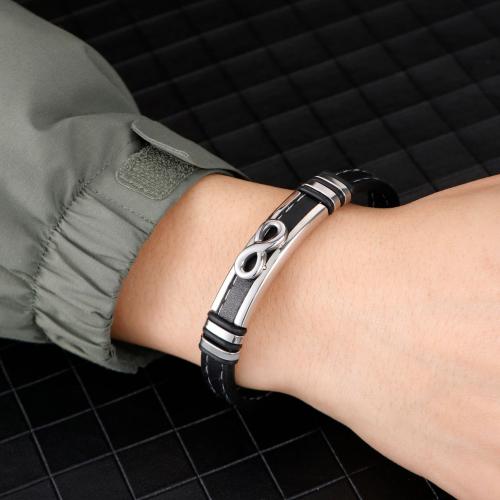 Bracelet cordon en cuir, Acier inoxydable 304, avec Cuir, Placage, pour homme, noire, Longueur:21 cm, Vendu par PC