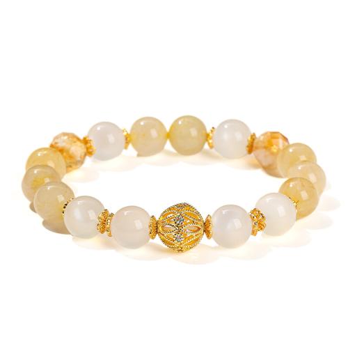 Moonstone Bracelet, with Rutilated Quartz & Brass, Round, handmade, fashion jewelry & for woman, Length:Approx 6-6.5 Inch, Sold By PC