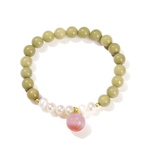 bracelet, avec Agate salée & perle de plastique & laiton & alliage de zinc, pêche, fait à la main, bijoux de mode & pour femme, beads length 8mm, Longueur:Environ 6 pouce, Vendu par PC