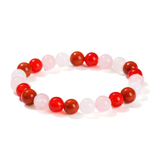 Madagascar Rose Quartz Bracelet, with Calcite & Chalcedony & Red Jasper, Round, handmade, folk style & Unisex, beads length 8mm, Length:Approx 6 Inch, Sold By PC