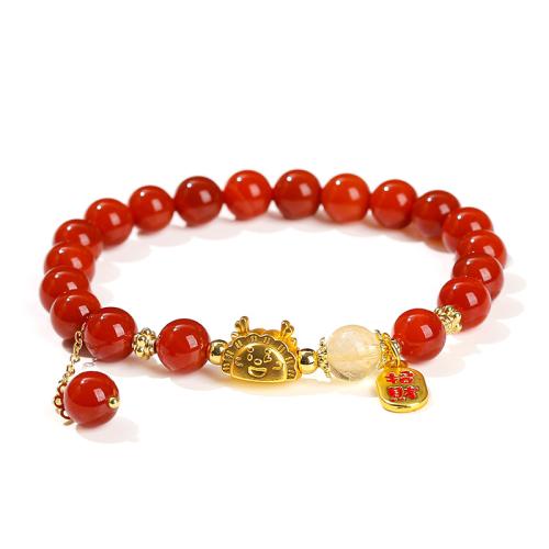 Red Agate Bracelet, with Brass & Tibetan Style, handmade, folk style & for woman, Grade AAAAA, beads length 8mm, Length:Approx 6 Inch, Sold By PC