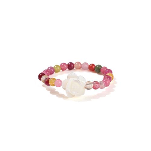 tourmaline bague, avec coquille blanche, Rose, fait à la main, élastique & style folk & pour femme, beads length 3mm, Taille:6-8, Vendu par PC