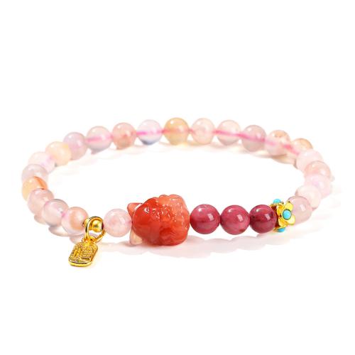 Cherry Blossom Agate Bracelet, with Rhodochrosite & Brass & Tibetan Style, Fox, handmade, folk style & for woman, Grade AAAAA, beads length 6mm, Length:Approx 5.5-6 Inch, Sold By PC