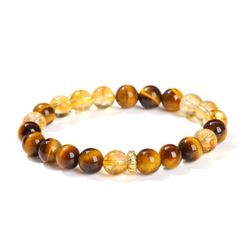 oeil de tigre bracelet, avec perles de citrine & laiton, Rond, fait à la main, style folk & unisexe, année AAAAA, beads length 8mm, Longueur Environ 6 pouce, Vendu par PC