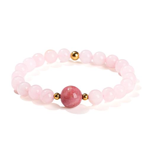 Rose Quartz Bracelet, with Rhodochrosite & 304 Stainless Steel, Round, handmade, folk style & for woman, beads length 8mm,12mm, Length:Approx 6 Inch, Sold By PC