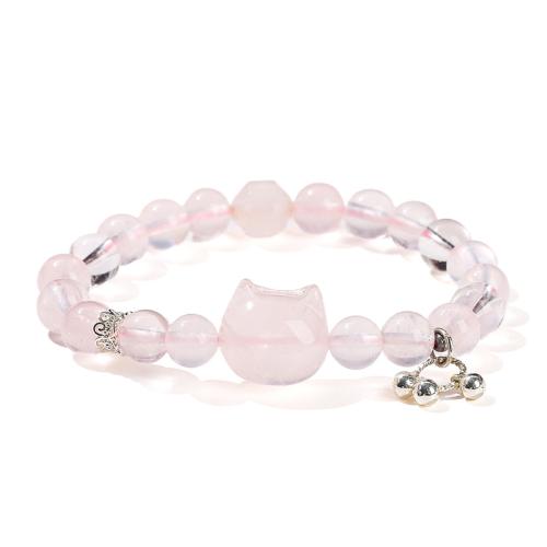 розовый кварц браслет, с Латунь, Кошка, Связанный вручную, Народный стиль & Женский, beads length 8mm, длина:Приблизительно 6 дюймовый, продается PC