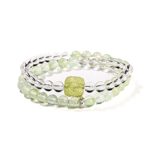 Prehnite nature bracelet, avec quartz clair & laiton, fait à la main, Double couche & style folk & pour femme, beads length 6mm, Longueur:Environ 5.5-6 pouce, Vendu par PC