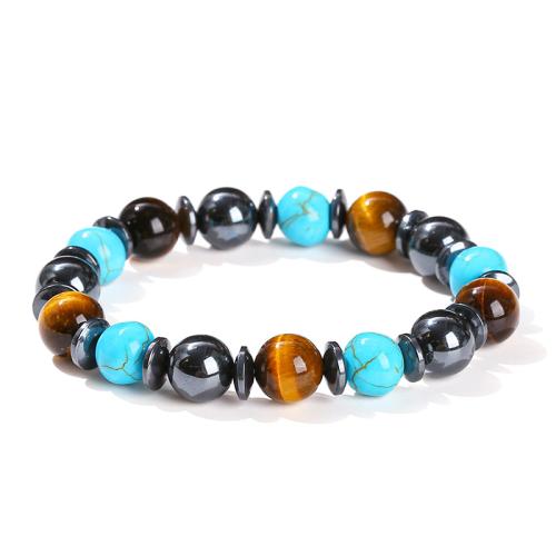 oeil de tigre bracelet, avec turquoise & Hématite, Rond, fait à la main, bijoux de mode & unisexe, beads length 10mm, Longueur:Environ 6-6.5 pouce, Vendu par PC