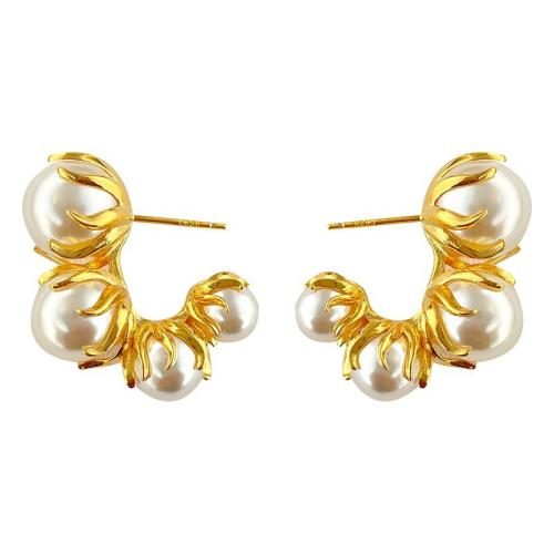 Brass Stud Earring, with Plastic Pearl, fashion jewelry & for woman, golden, 30mm, Sold By Pair