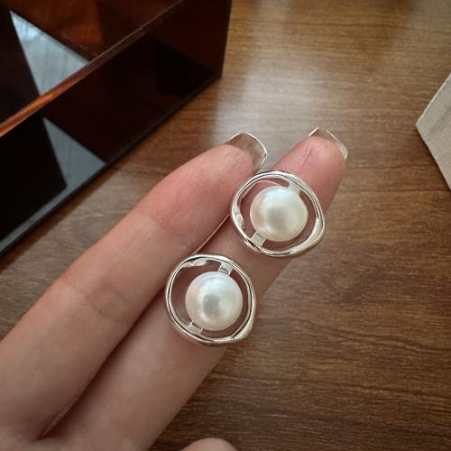 925 Sterling Silver Stud Earrings, with Shell Pearl, fashion jewelry & for woman, 27x25mm, Sold By Pair
