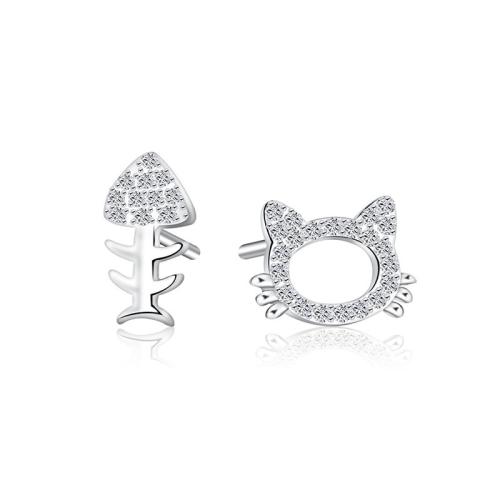 Cubic Zirconia Micro Pave Sterling Silver Earring, 925 Sterling Silver, fashion jewelry & micro pave cubic zirconia & for woman, Fish:10x5mm;Cat:10x7.7mm, Sold By Pair