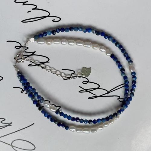 Sötvatten odlade Pearl Bracelet, Freshwater Pearl, med Lapis lazuli, med 5cm extender kedja, Dubbla lager & mode smycken & för kvinna, Såld Per Ca 16 cm Strand