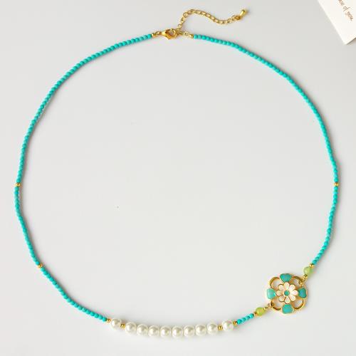 Freshwater Pearl Brass Necklace, with turquoise & Freshwater Pearl, with 5.5cm extender chain, 18K gold plated, fashion jewelry & for woman & enamel, Length:Approx 50 cm, Sold By PC