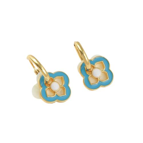 Brass Drop Earring with Pearl Oyster Flower 18K gold plated fashion jewelry & for woman & enamel blue Sold By Pair