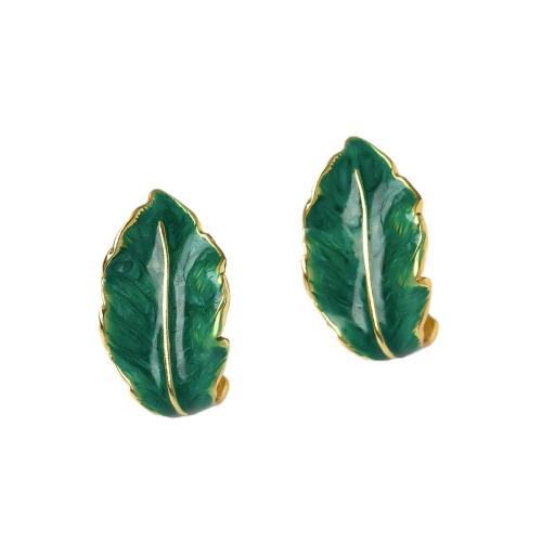 Brass Stud Earring, Leaf, 18K gold plated, fashion jewelry & for woman & enamel, green, 24x14mm, Sold By Pair