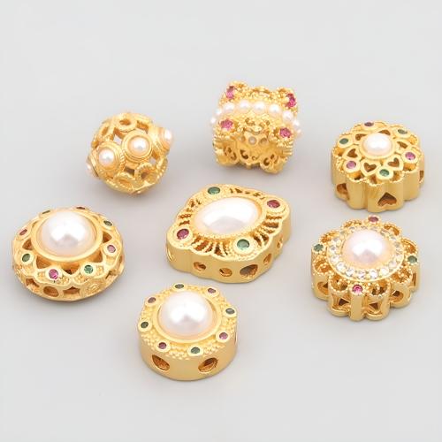 Tibetan Style Spacer Beads, with Plastic Pearl, plated, DIY & different styles for choice & micro pave cubic zirconia, golden, 10PCs/Lot, Sold By Lot