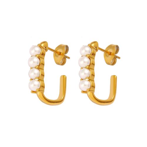 Stainless Steel Stud Earrings 304 Stainless Steel with Plastic Pearl & 316 Stainless Steel plated for woman golden Sold By Pair