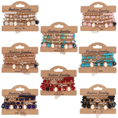 Glass Bracelet Set, with Tibetan Style, gold color plated, 4 pieces & Bohemian style & for woman & with rhinestone, more colors for choice, Length:Approx 7 Inch, Sold By Set