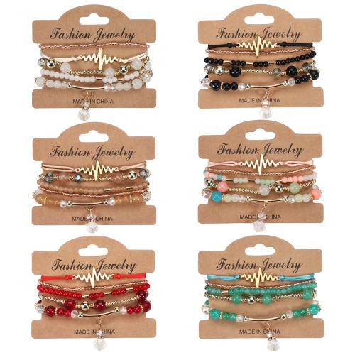 Glass Bracelet Set with Elastic Thread & Zinc Alloy & Acrylic Electrocardiographic 5 pieces & Bohemian style & for woman Length Approx 6-10 Inch Sold By Set