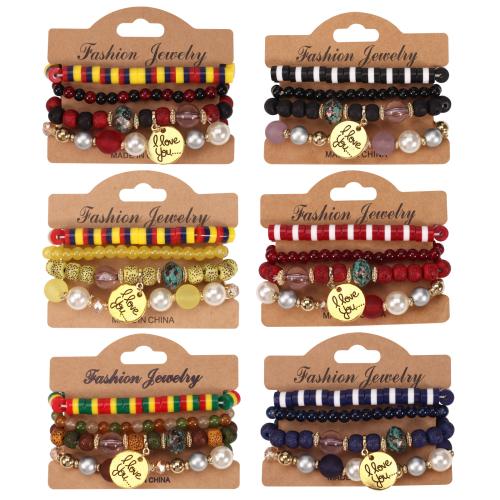Glass Bracelet Set, with Resin & Plastic Pearl & Tibetan Style, 4 pieces & Bohemian style & with letter pattern & for woman, more colors for choice, Length:Approx 7 Inch, Sold By Set