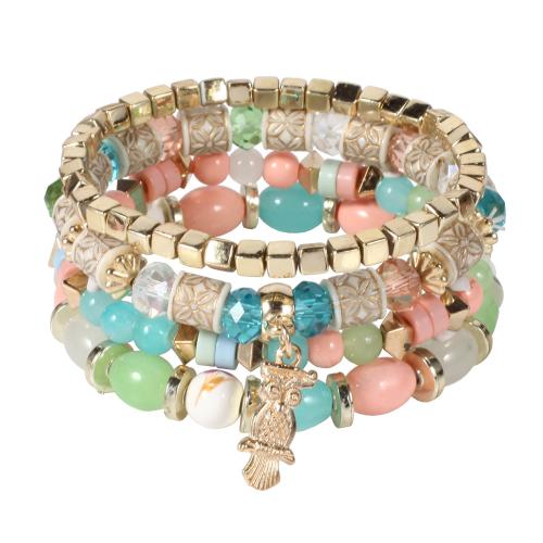 Acrylic Bracelet Set, with Elastic Thread & Crystal & Tibetan Style, Owl, 4 pieces & Bohemian style & for woman, more colors for choice, Length:Approx 7 Inch, Sold By Set