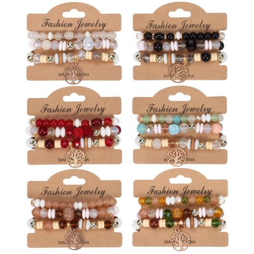 Glass Bracelet Set, with Tibetan Style, Tree, three pieces & Bohemian style & for woman, more colors for choice, Length:Approx 7 Inch, Sold By Set