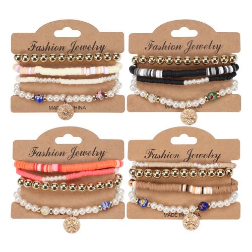 Glass Bracelet Set, with Polymer Clay & Tibetan Style & Acrylic, 4 pieces & Bohemian style & for woman & with rhinestone, more colors for choice, Length:Approx 7 Inch, Sold By Set