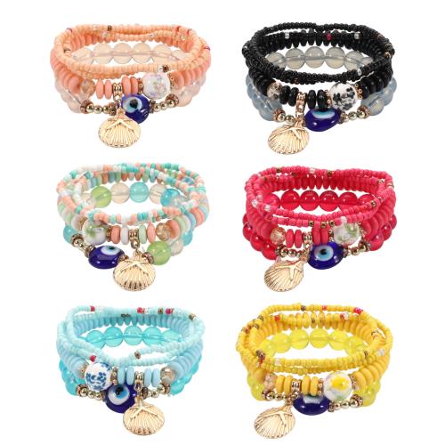 Glass Bracelet Set, with Tibetan Style & Acrylic, Shell, multilayer & Bohemian style & evil eye pattern & for woman, more colors for choice, Length:Approx 7 Inch, Sold By Set