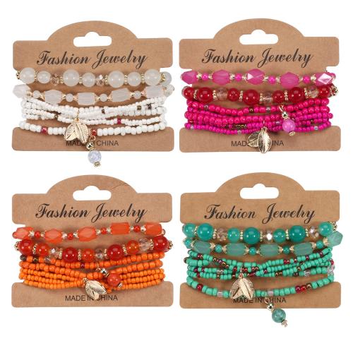 Glass Bracelet Set, with Tibetan Style & Acrylic, Leaf, multilayer & Bohemian style & for woman, more colors for choice, Length:Approx 7 Inch, Sold By Set
