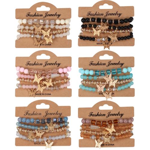 Glass Bracelet Set, with Crystal & Tibetan Style, Butterfly, 4 pieces & Bohemian style & for woman, more colors for choice, Length:Approx 7 Inch, Sold By Set