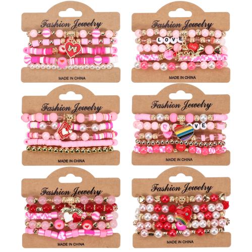 Glass Bracelet Set, with Polymer Clay & Crystal & Tibetan Style, Heart, multilayer & Bohemian style & different styles for choice & for woman & enamel, Inner Diameter:Approx 60mm, Sold By Set