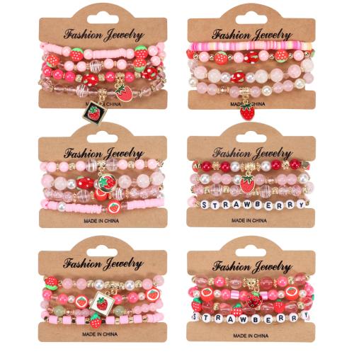 Glass Bracelet Set, with Polymer Clay & Crystal & Lampwork & Resin & Tibetan Style, Strawberry, multilayer & Bohemian style & different styles for choice & for woman, Length:Approx 7 Inch, Sold By Set