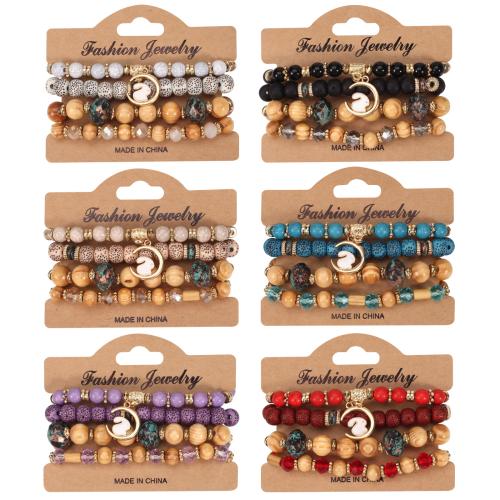 Glass Bracelet Set, with Wood & Tibetan Style, Rabbit, 4 pieces & Bohemian style & for woman, more colors for choice, Length:Approx 7 Inch, Sold By Set