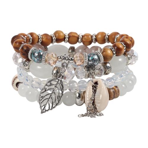 Glass Bracelet Set, with Shell & Crystal & Wood & Tibetan Style, Leaf, 4 pieces & Bohemian style & for woman, more colors for choice, Length:Approx 7 Inch, Sold By Set