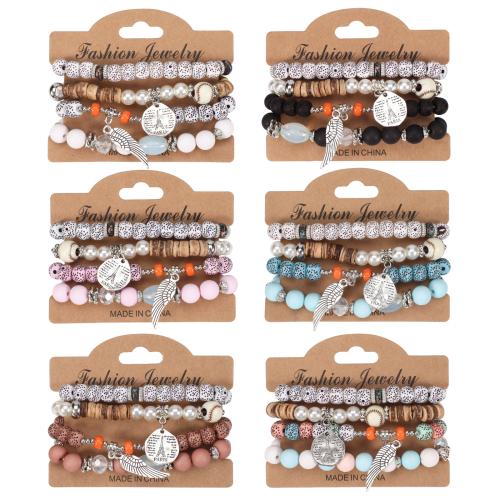 Acrylic Bracelet Set with Glass & Wood & Resin & Plastic Pearl & Zinc Alloy Wing Shape 4 pieces & Bohemian style & for woman Length Approx 7 Inch Sold By Set